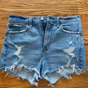 A+F high rise mom jean shorts distressed blue